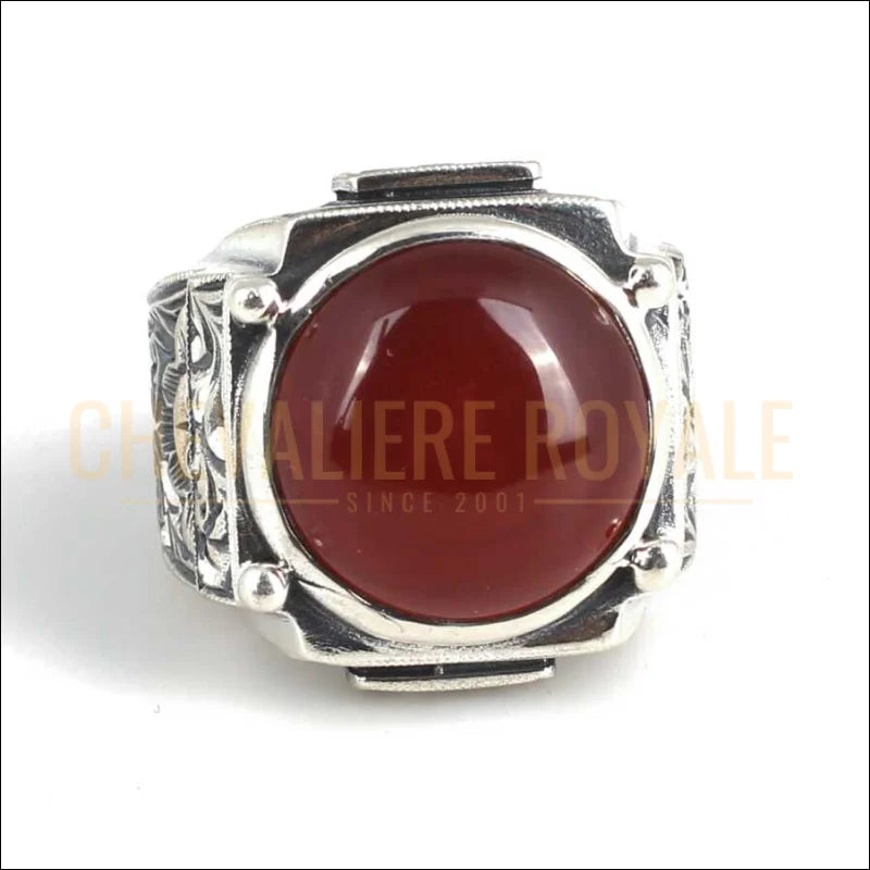 BAGUE-ARGENT-PIERRE-AGATE-ROUGE-CHEVALIERE-ROYALE-massif