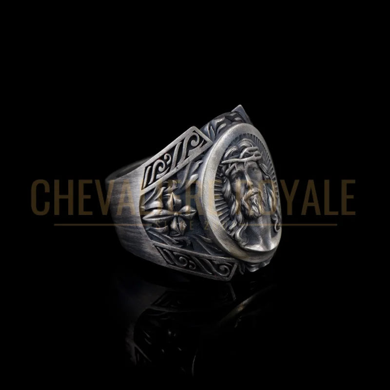 Chevalière Homme  - Visage de Jésus et Détails Croix-Chevaliere ROyale - 655