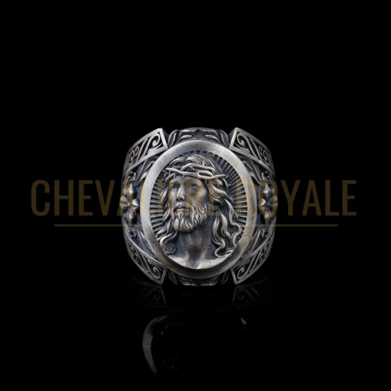 Chevalière homme - visage de jésus et détails croix