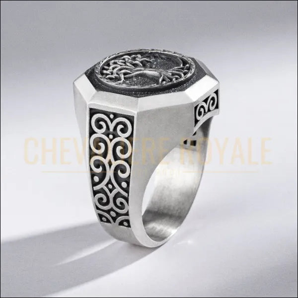 Chevalière  Arbre de Vie : Artisanat d'Argent Unique pour Homme-Chevaliere Royale-777