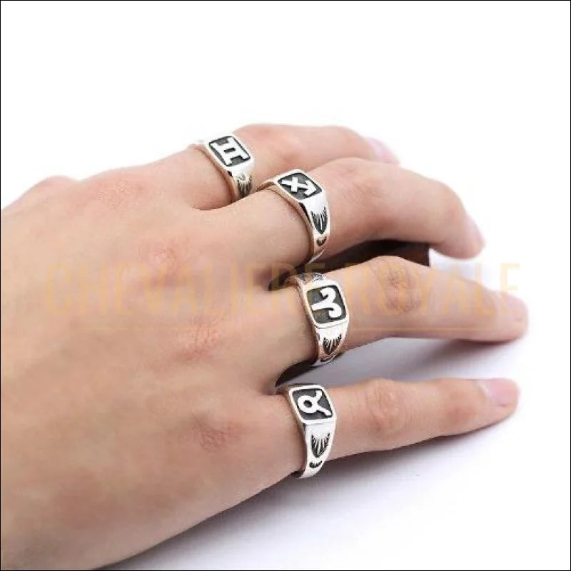 Bague Chevalière argent12 signe du zodiaque pour homme et femme ajustable