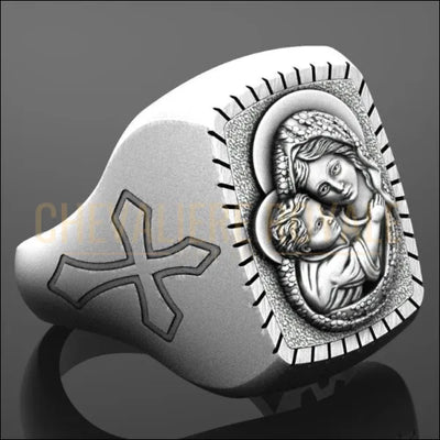 Chevalière argent massif avec l'image sacrée la Vierge Marie