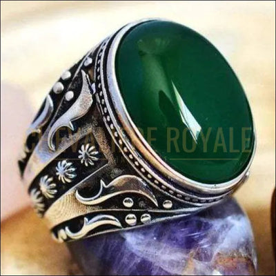 Chevaliere argent homme façonnée avec la pierre agate verte - Chevaliere Royale