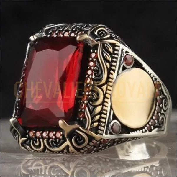 Bague Chevalière argent homme sertie d'une pierre carrée rouge