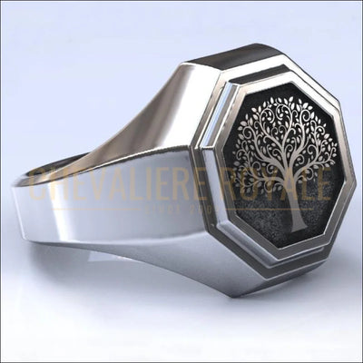 Chevalière argent massif design arbre de la vie forme octogonale