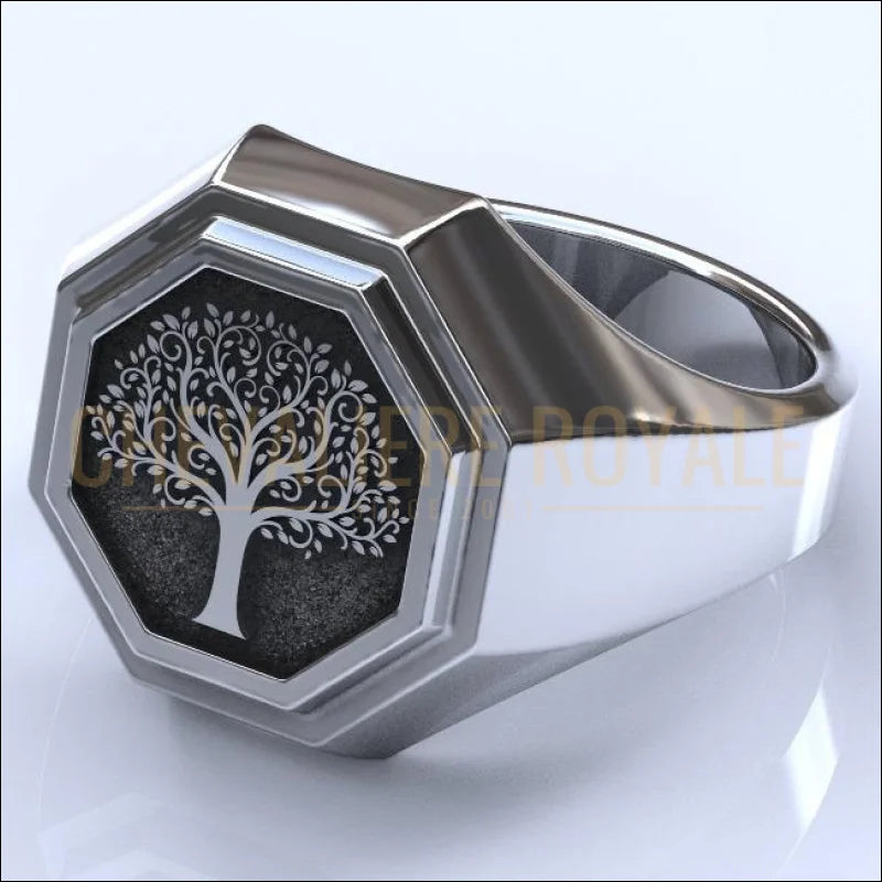 Bague Chevalière argent massif design arbre de la vie forme octogonale
