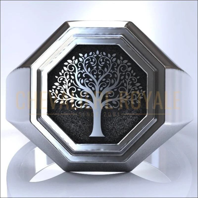 Chevalière argent massif design arbre de la vie forme octogonal