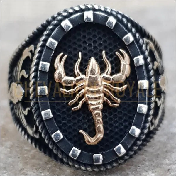 Chevalière argent homme signe du zodiaque scorpion trois emblèmes