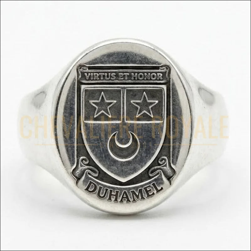 chevaliere-personnalisee-argent-gravure-relief-blason-armoiries-duhamel-face-chevaliere-royale