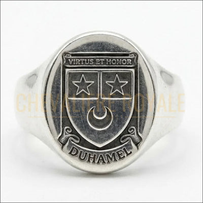 chevaliere-personnalisee-argent-gravure-relief-blason-armoiries-duhamel-face-chevaliere-royale