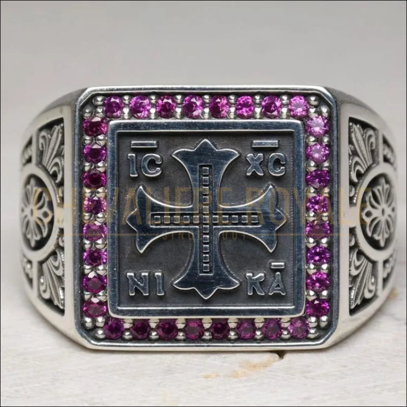 Chevalière artisanale en argent IC XC NIKA Jésus-Christ gagne »