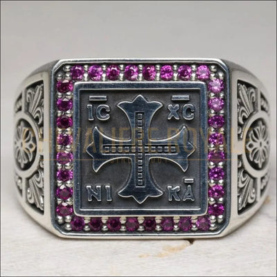 Chevalière artisanale en argent IC XC NIKA Jésus-Christ gagne »