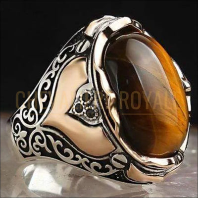 Chevaliere homme audacieuse en argent sur mesure avec pierre oeil de tigre - Chevaliere Royale 