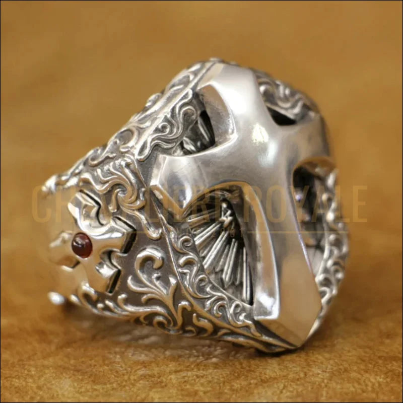 Chevalière Catholique avec Croix Rayonnante – Argent Massif & Zircon-12