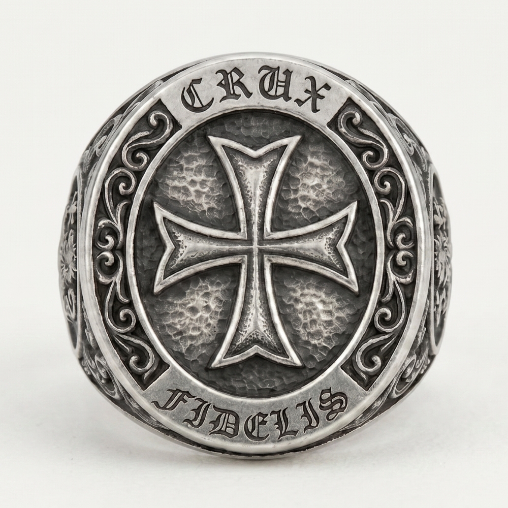 Chevalière Homme Argent Croix Templière | Fleur de Lys & Lion
