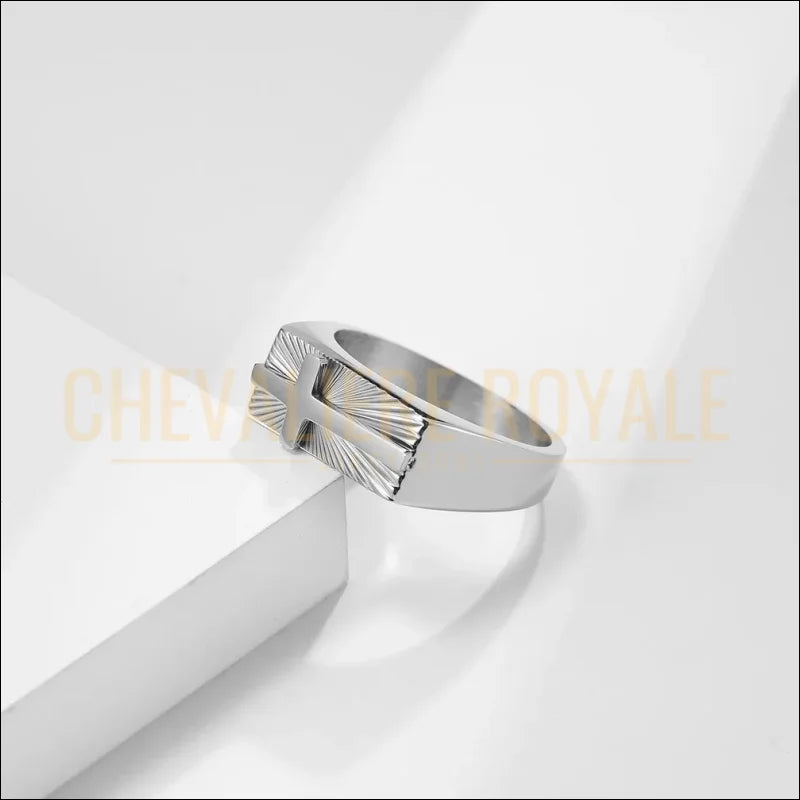 Chevalière croix acier titane – bague géométrique mode