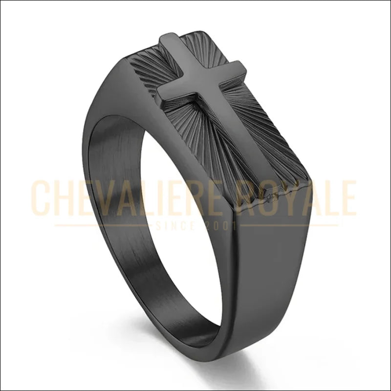 Chevalière-Croix-Acier-NOIR-Titane–Bague-Géométrique-Mode-Chevaliere-Royale