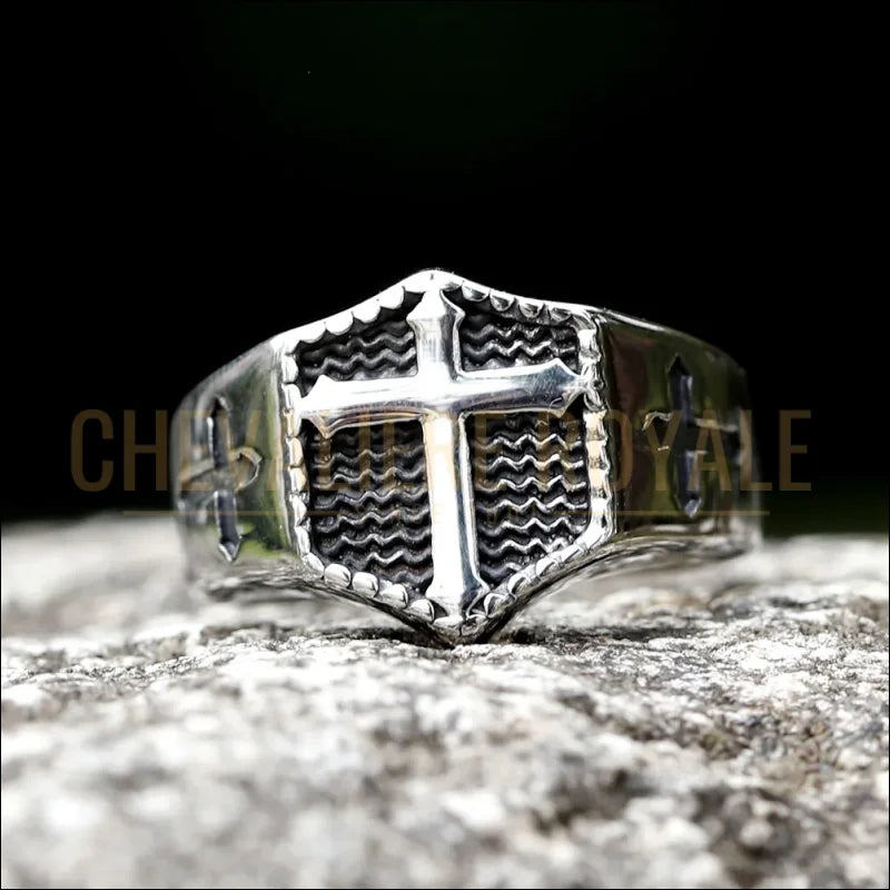 Chevalière croix hexagonale en acier inoxydable