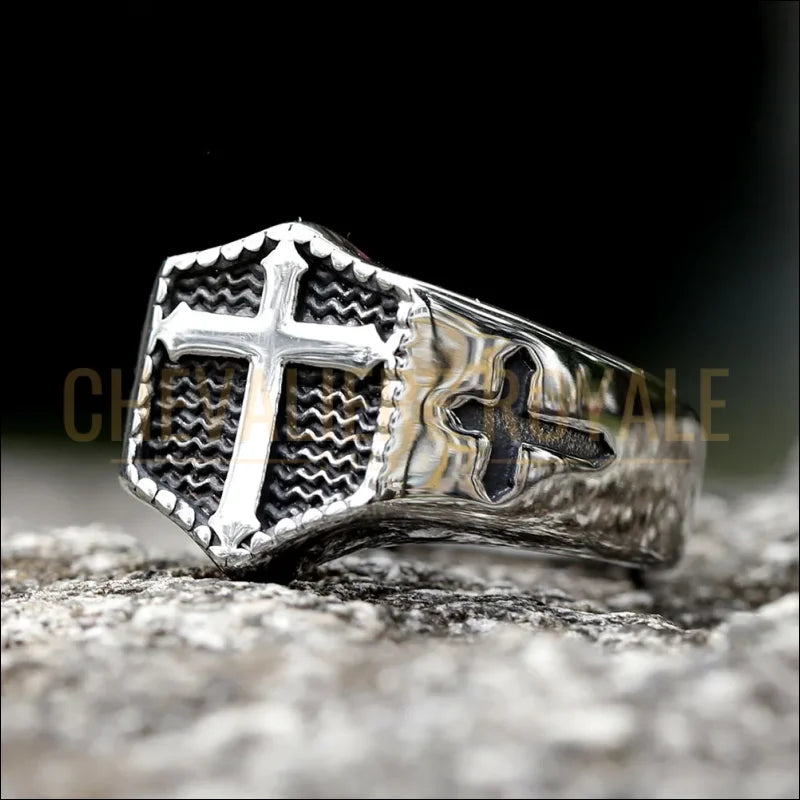 Chevalière croix hexagonale en acier inoxydable