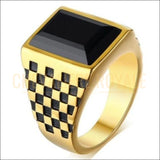 Chevalière damier pour homme en acier de carrés bleue et noire