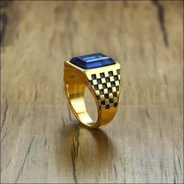 Chevalière royale damier  homme en acier de carrés bleue et noire pas cher pierre bleue 