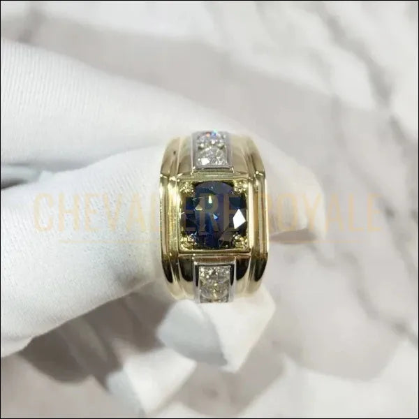 Chevalière de luxe en argent et or 14K avec moissanite bleue vive-Chevaliere Royale-21