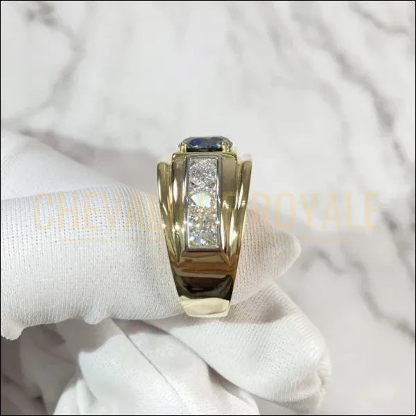 Chevalière de luxe en argent et or 14K avec moissanite bleue vive-Chevaliere Royale-254