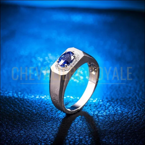 Chevaliere de luxe en or blanc 14K avec saphir bleu : Symbole de distinction-Chevaliere Royale -54