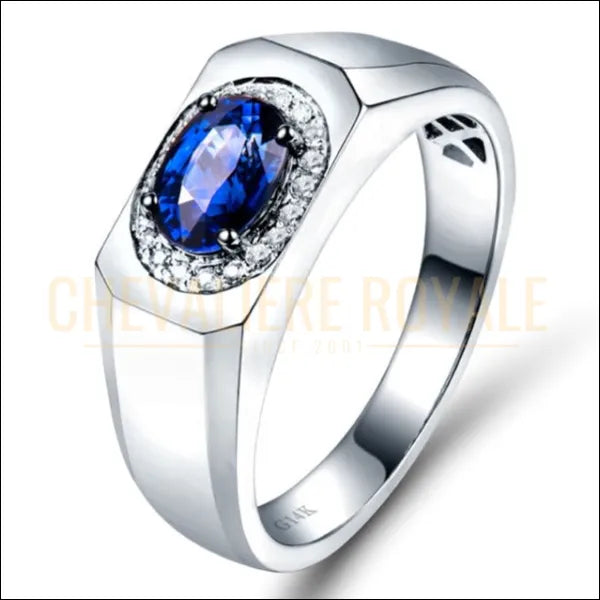 Chevaliere de luxe en or blanc 14K avec saphir bleu : Symbole de distinction-Chevaliere Royale -