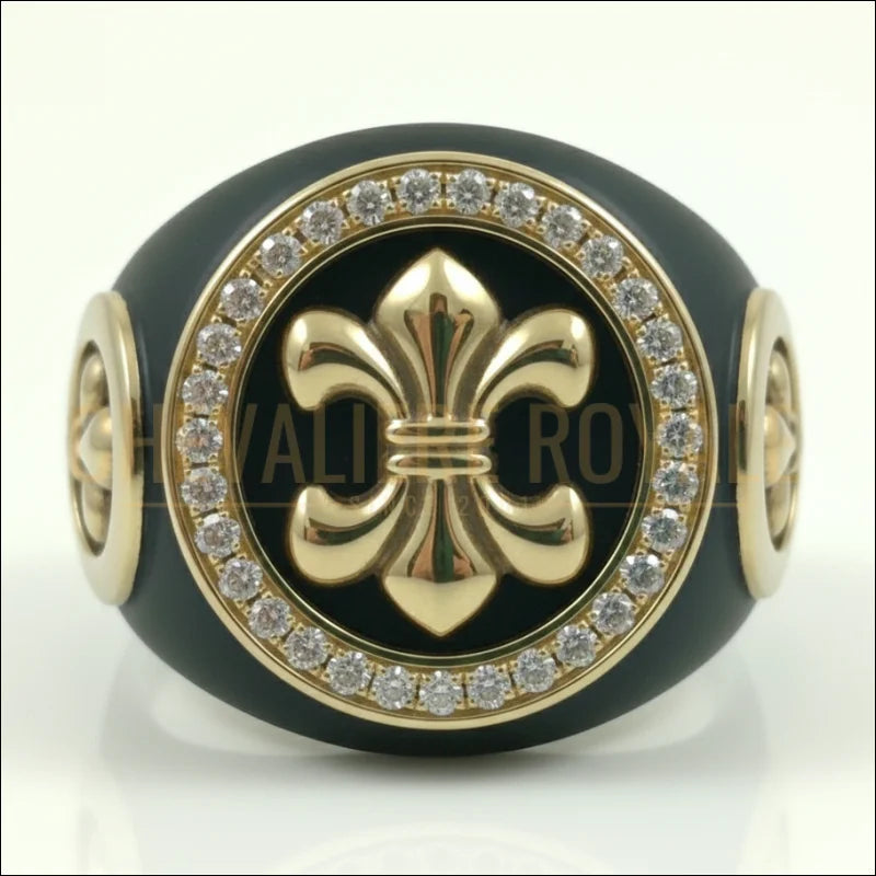 Chevalière de luxe ’l’élégance noire’: fleur lys or 18k &