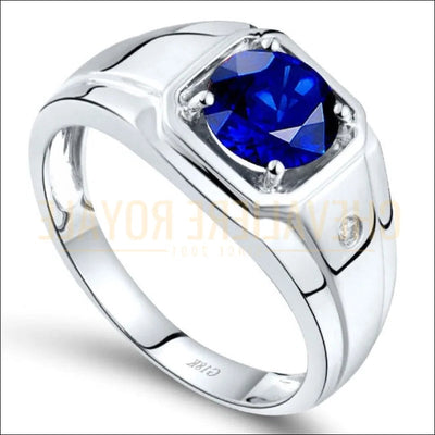 Chevalière de mariage homme en or blanc 18K avec saphir bleu Chevaliere Royale 