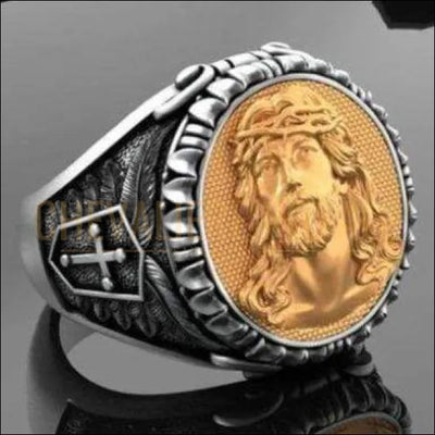 Chevalieres royale de visage de Jésus en argent et avec la finition en or