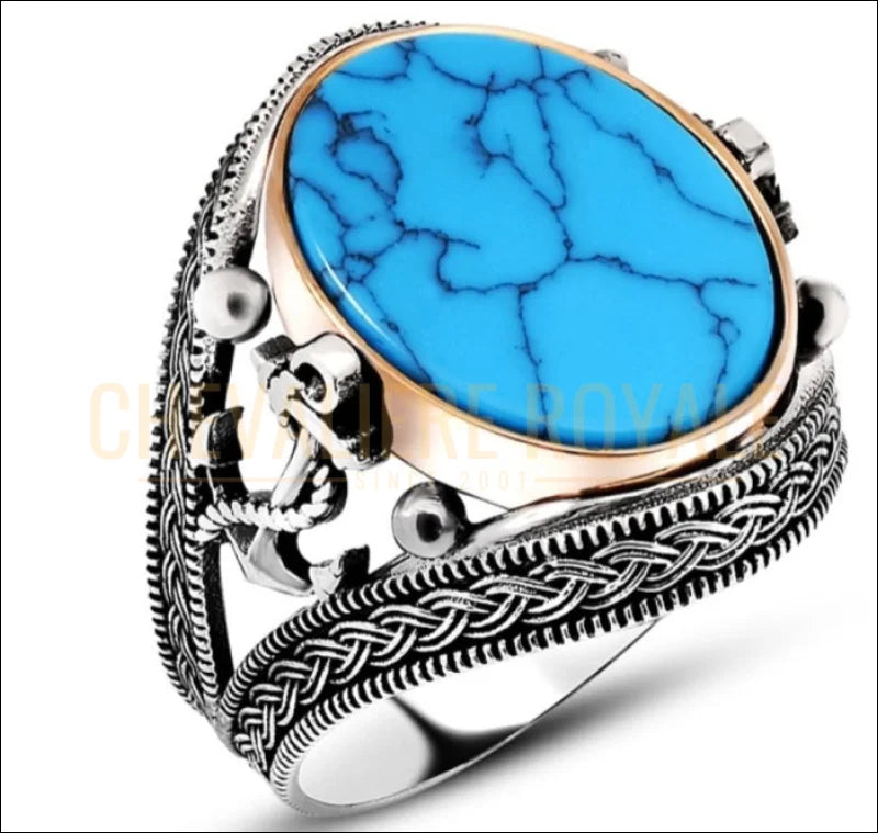 Chevalière en argent avec pierre turquoise et ancre