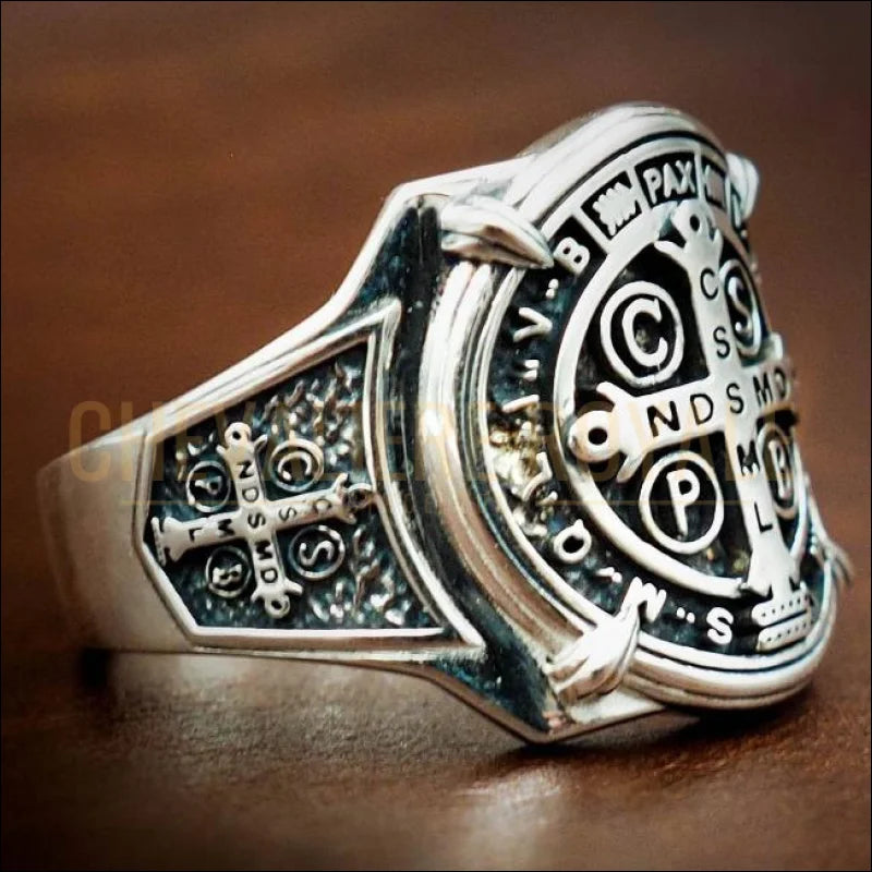 Bague Chevalière Homme Saint-Benoît - Acier Inoxydable Avec Croix & Médaille Catholique, Style Biker Motard Protection Spirituelle