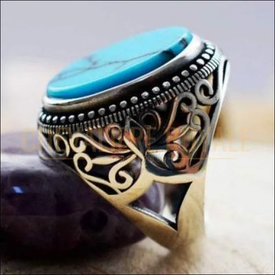 Chevalieres argent homme ethnique brodé  avec pierre turquoise  chevaliere royale