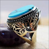 Chevalière ethnique brodé argent homme avec pierre turquoise