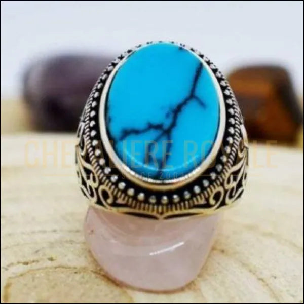 Chevaliere argent homme ethnique brodé  avec pierre turquoise bleue  chevaliere royaler