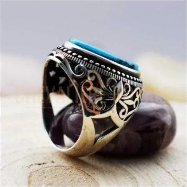 Chevaliere argent pour hommes ethnique brodé  avec pierre turquoise  chevaliere royale