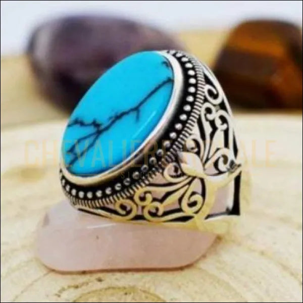 Chevaliere argent homme ethnique brodé  avec pierre turquoise  chevaliere royale pas cher