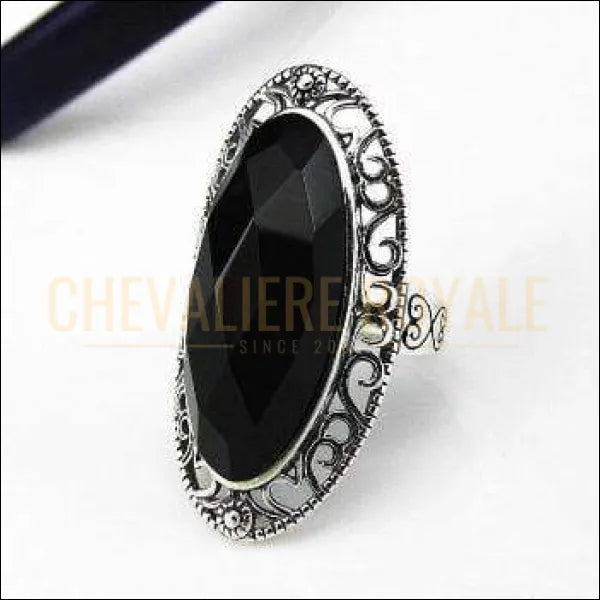Chevaliere royale - femme bague  argent pierre agate monture en cœur ajustable bijou noir 