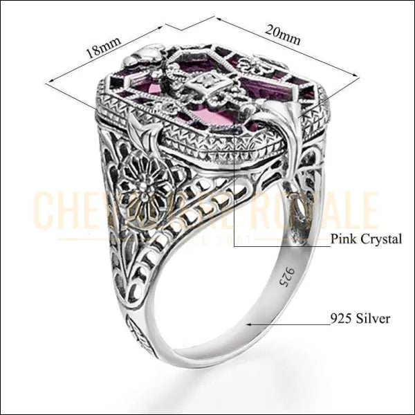 Chevalière femme en argent cristal rose synthétique 