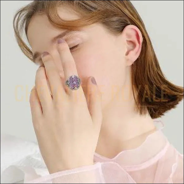 Chevalière femme en argent cristal rose synthétique transparent bague rose