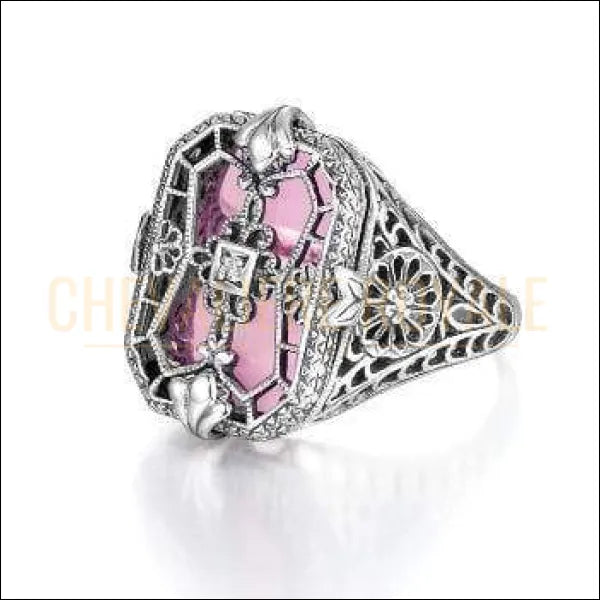 Chevalière femme en argent cristal rose synthétique transparent bague