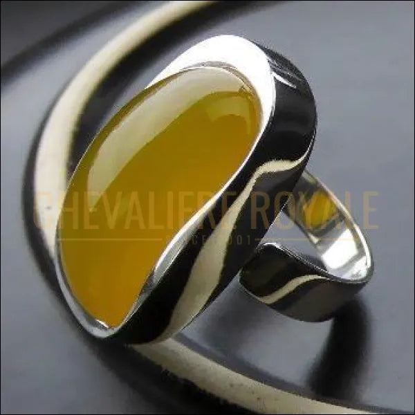 Chevalière femme en argent pierre agate jaune anneau ajustable - Chevalière Royale 