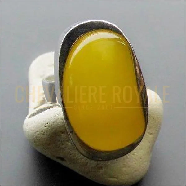 Chevalière femme en argent pierre agate jaune anneau ajustable - Chevalière Royale 