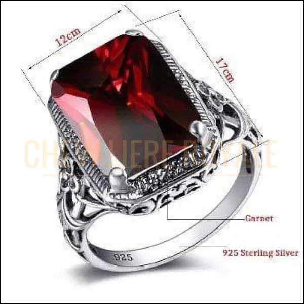 Chevaliere Royale bague - femme en argent pierre grenat rouge coupe rectangulaire 925 bijoux