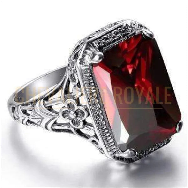 Chevaliere Royale bague - femme en argent pierre grenat rouge coupe rectangulaire