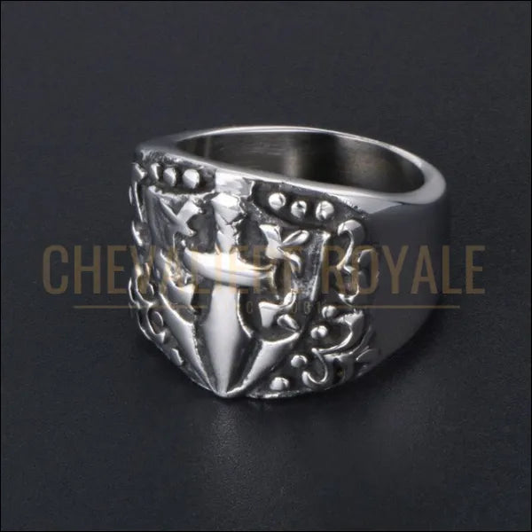 Chevalière Gothique en Acier : Croix Épée et Fleur de Lis-Chevaliere Royale - 58