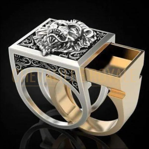 Chevaliere Homme Tete de Lion Compartiment Cache Chevaliere Royale