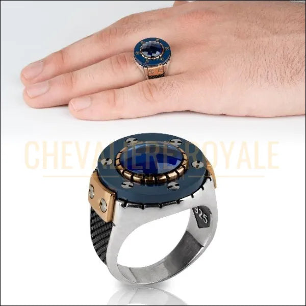 Chevalière homme argent 925 taillée  zircone bleue